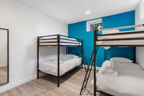 a room with two bunk beds and a blue wall at Malkita Aria Mountainview Retreat in Woodbury