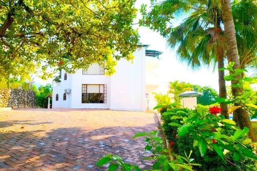 a white house with palm trees and a driveway at Espectacular CASA FINCA con piscina, WiFi Y AA in Melgar