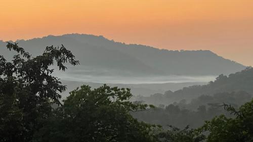 a misty mountain with trees in the foreground at sunset at Porsu in Canacona