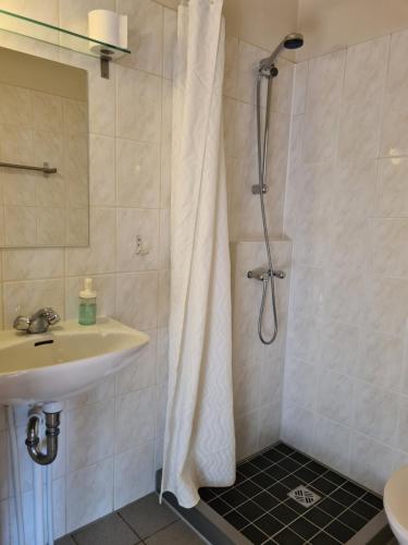 y baño con ducha y lavamanos. en Hótel Hvítserkur, en Hvammstangi