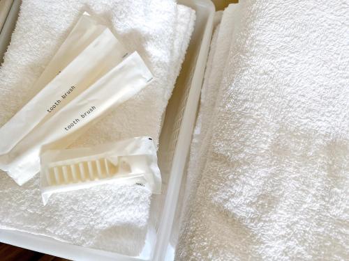 東川町的住宿－民宿にしかぐら，毛巾上带两把牙刷的盒子