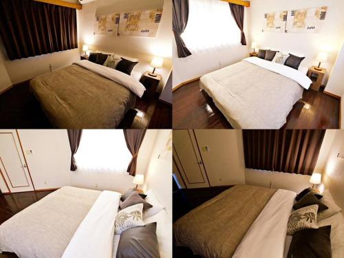 four pictures of a bedroom with two beds and a window at アメニティーハウス宮城501 in Tomari