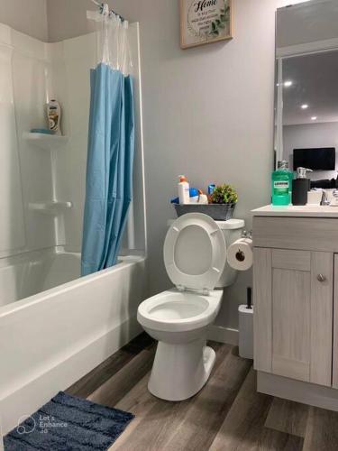 a bathroom with a toilet and a tub and a sink at Guest Suite in Regina - Queen Bed in Regina
