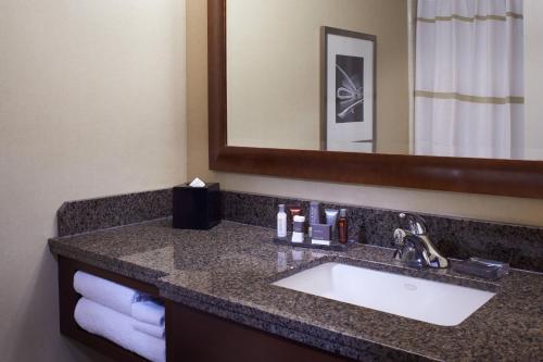 a bathroom with a sink and a mirror at Detroit Marriott at the Renaissance Center in Detroit