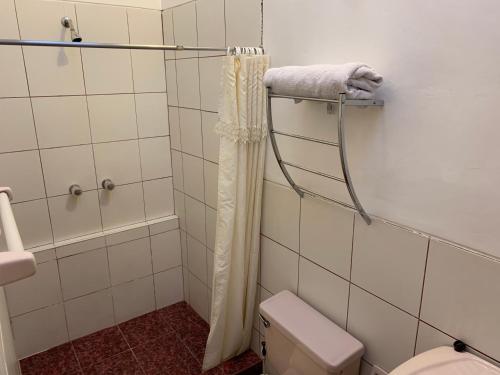 a bathroom with a shower curtain and a toilet at Hospedaje Killipata in Cusco