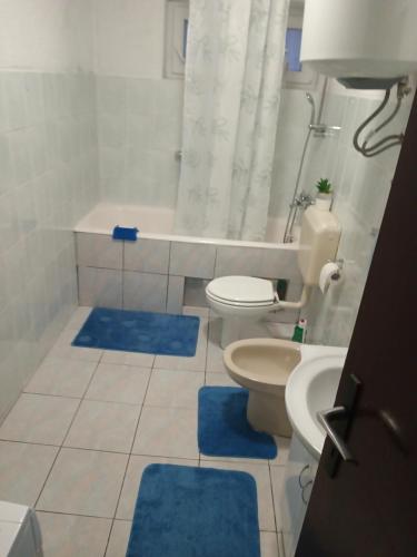 baño con aseo y alfombras azules en APARTMAN PAVELIĆ, en Lovinac