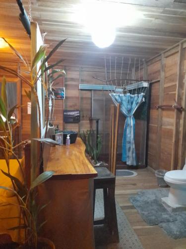 a bathroom with a toilet and a blue curtain at Old Bank Tea Garden in Bocas del Toro