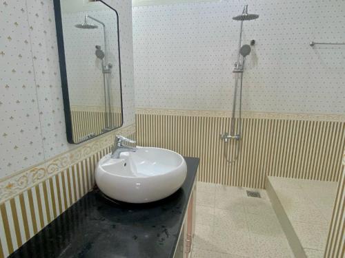 a bathroom with a sink and a mirror at Lagi Sunrise Hotel in La Gi