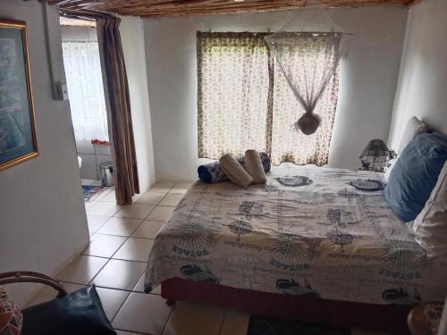 1 dormitorio con cama y ventana en Non Stop Adventures Weaver Cottage, en Pietermaritzburg