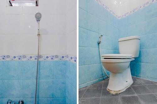 two pictures of a bathroom with a toilet and a shower at OYO Life 90035 Merci Club in Bandung