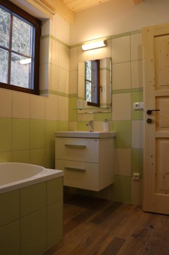 a bathroom with a sink and a tub and a mirror at Dřevěnice v Brodské in Nový Hrozenkov