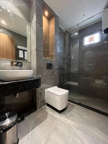 a bathroom with a toilet and a sink at Hotel Three Seasons in Vrindāvan