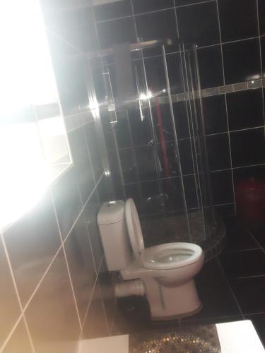 a bathroom with a toilet in a black tiled wall at Loding Lodge in Loding