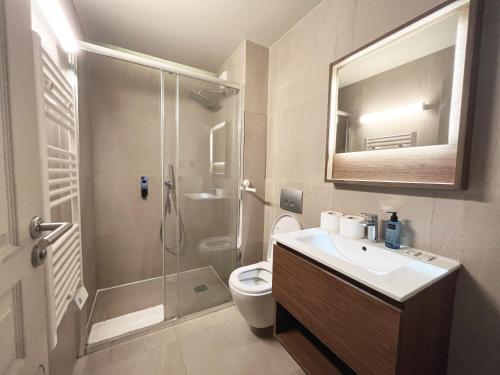 uma casa de banho com um chuveiro, um lavatório e um WC. em 132 - Urban Beautiful Montorgueil em Paris