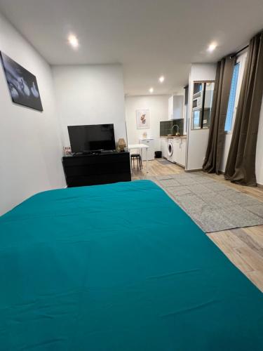 - une chambre avec une couverture verte sur un lit dans l'établissement Studio spacieux refait à neuf (4), à Saint-Ouen