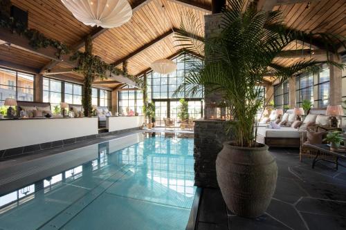 a large indoor pool with a potted plant in a building at Fýri Resort in Hemsedal