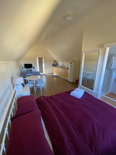 a bedroom with a purple bed and a table at The Sugarloaf Homestead in Kyoomba