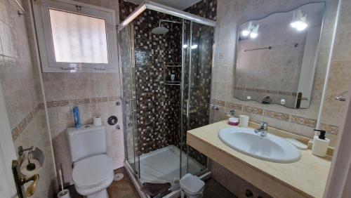 a bathroom with a toilet and a sink and a shower at Residencial Benimar Licencia Vv in Adeje