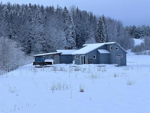 a house in a field covered in snow at Stuga Fyra Säsonger - Fishing - Skiing - Hottub in Filipstad