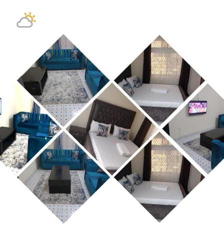 a collage of four pictures of a room at Vilma Apartment in Mombasa