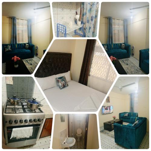 eine Collage mit vier Bildern eines Wohnzimmers in der Unterkunft Vilma Apartment in Mombasa