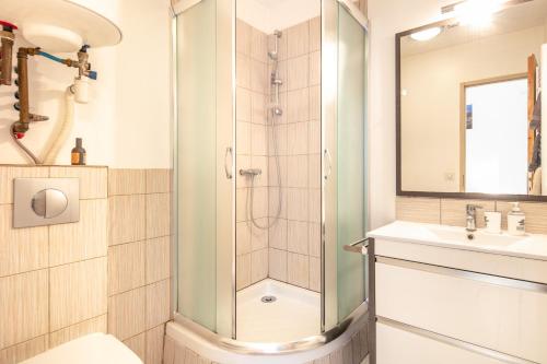 y baño con ducha y lavamanos. en Studio 4 Vercors - Terrasse et parking Privé, en Meylan