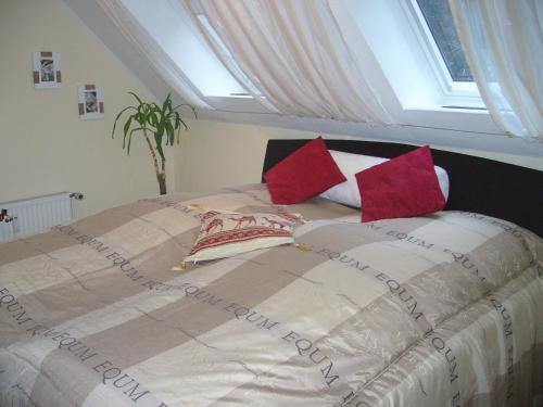 ein Schlafzimmer mit einem großen Bett mit roten Kissen in der Unterkunft Voßhörn 27, Ferienwohnung 4 in Cuxhaven