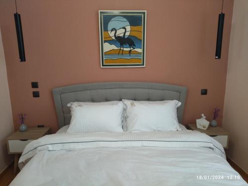 a bedroom with a bed with a bird picture on the wall at Swan Paradise Glyfada Apartment in Athens
