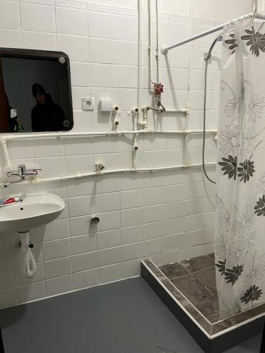 a bathroom with a shower and a sink and a mirror at Two single beds' room in sremski karlovic center in Sremski Karlovci