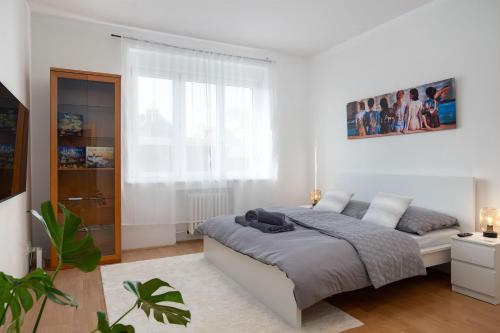 um quarto branco com uma cama e uma janela em Best Location Apartment AIR-CONDITIONED em Bratislava
