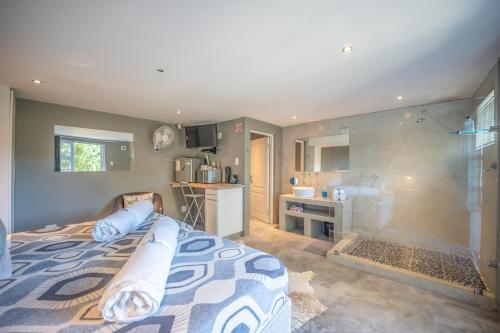 a bedroom with a bed and a bathroom with a shower at A Stone's Throw Accommodation in Grahamstown