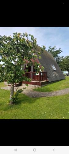 a house with a deck and a tree in the yard at Snowdonia View@puffin Lodges in Chwilog
