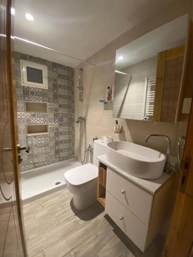 a bathroom with a sink and a toilet and a shower at Beachside Loft/Cosy house/Design in Tunis