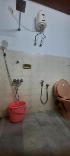 a bathroom with a shower and a toilet and a bucket at Ashleys Homestay in Cochin