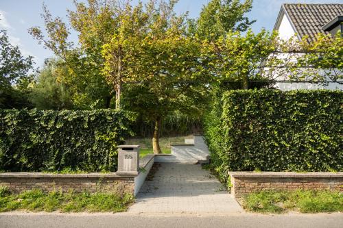 a set of stairs in a garden with a hedge at Bunker 155 in Ostend