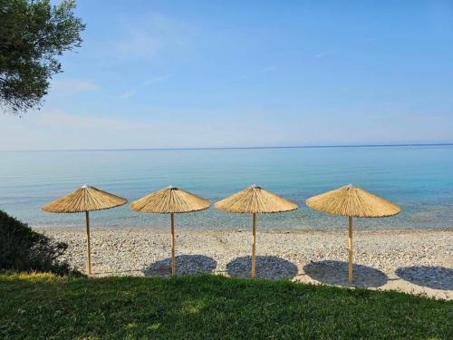 a group of straw umbrellas on a beach at Olive Villas in Nea Skioni