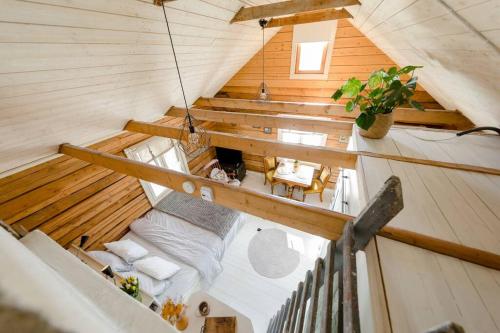 an overhead view of a room in a tiny house at Romantic cottage with sauna in Porvoo