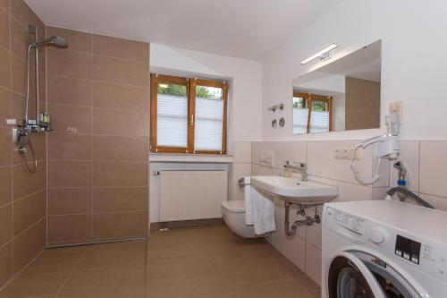 La salle de bains est pourvue d'un lavabo, de toilettes et d'une douche. dans l'établissement Fewo Schönes Ammertal, à Oberammergau