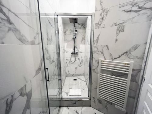 a shower with a glass door in a bathroom at 62-LUXURY FLAT CHAMPS ELYSEES (1G) in Paris