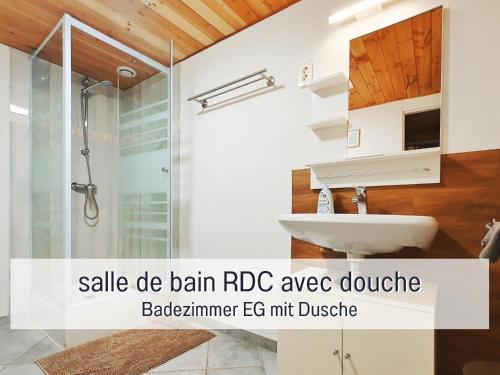a bathroom with a sink and a shower at Chez Louna - Grand Gîte in Aumontzey