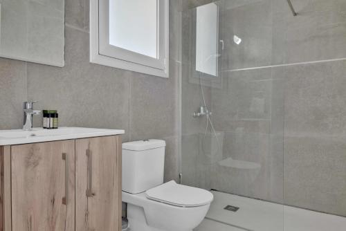 y baño con aseo, lavabo y ducha. en Phaedrus Living: Eolus Residences Hera, en Strovolos