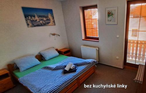 a bedroom with two twin beds with blue and green sheets at Penzion Sunski in Harrachov