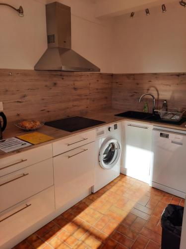 een keuken met een wasmachine en een wastafel bij le bolca in Sausses