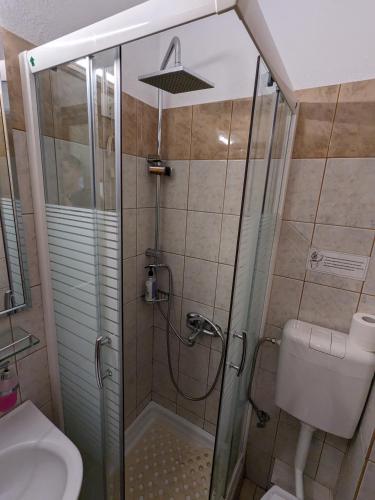 a bathroom with a shower with a toilet and a sink at Pagaseon Rooms and Apartments in Kala Nera