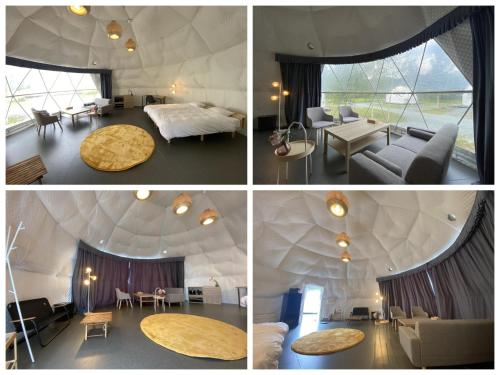 a collage of four pictures of a room in a dome at Inside the Lodge Aspen - Vacation STAY 42140v in Shimukappu