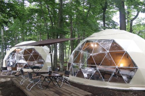 山中湖的住宿－The Day Post General Glamping Village Yamanakako - Camp - Vacation STAY 42116v，两个大地圆顶,树林里设有桌椅