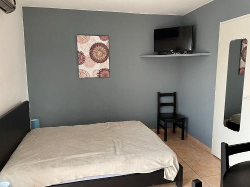Schlafzimmer mit einem Bett und einem Flachbild-TV in der Unterkunft Grand studio 4 50m de la plage pour 4 in Argelès-sur-Mer