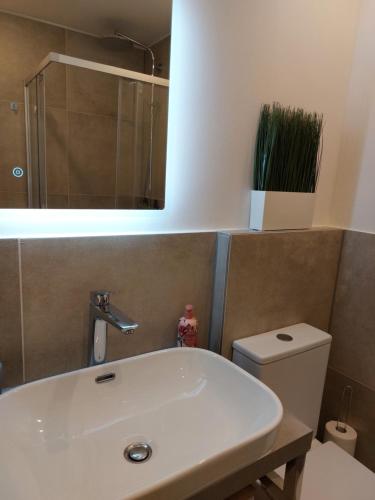 uma casa de banho com um lavatório, um WC e um espelho. em Neues deluxe Apartment für 3 Personen in Oberkochen em Oberkochen