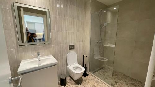 W łazience znajduje się toaleta, umywalka i prysznic. w obiekcie Skala Waterfront - Beograd na vodi w Belgradzie
