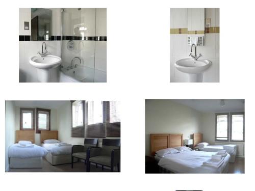 two pictures of a bathroom with two beds and a sink at Nap Inn Savoro in Barnet